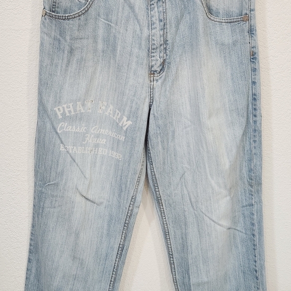 PHAT Farm Y2K Baggy Wide Pipe Leg Skater Light Blue Denim Mens Jeans 34x33 - Picture 3 of 13